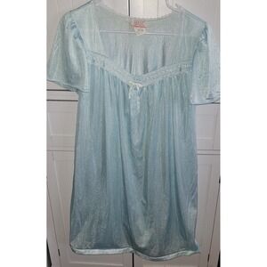 Simply Basic Light Blue Shimmer Nylon Nightgown Lace Trim Short Sleeve L vintage